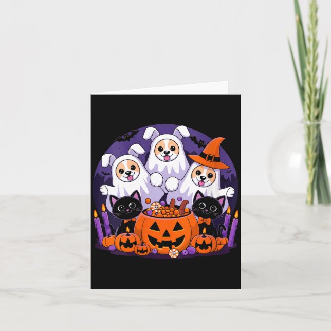 Womens Funny Halloween Dog Dressed As Ghost Card (Front)