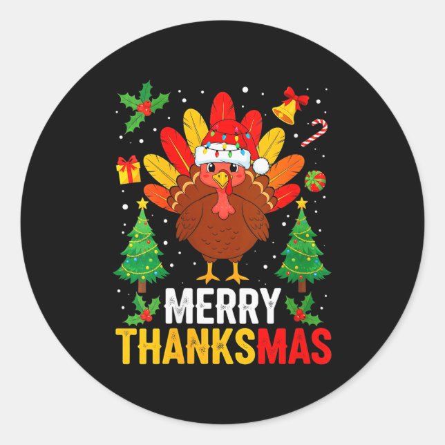 Womens Funny Merry Thanksmas Happy Thanksgiving Sa Classic Round Sticker (Front)