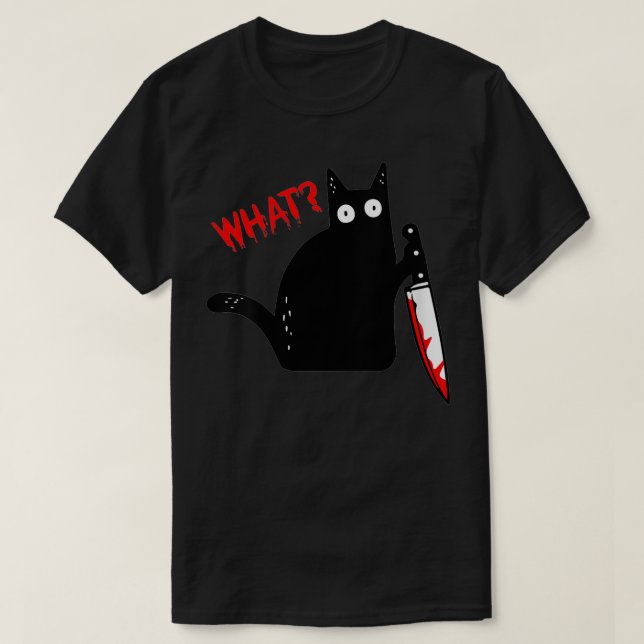 Womens Funny Murderous Black Cat With Knife  Black T-Shirt (Design Front)