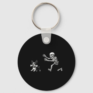 Womens Funny Skeleton Chasing Terrier Dog Mom Keychain