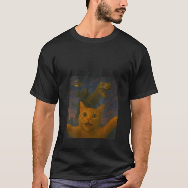 Womens Funny Surprised Scared Cat Selfie T Rex Din T-Shirt (Front)