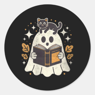 Womens Ghost Reading Book Halloween Library Black Classic Round Sticker