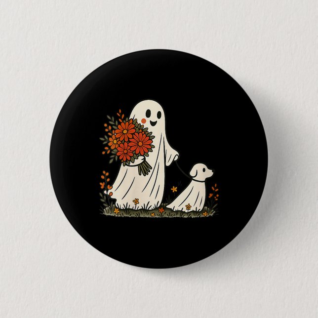 Womens Ghost Walking Dog Spooky Funny Halloween 2 Inch Round Button (Front)