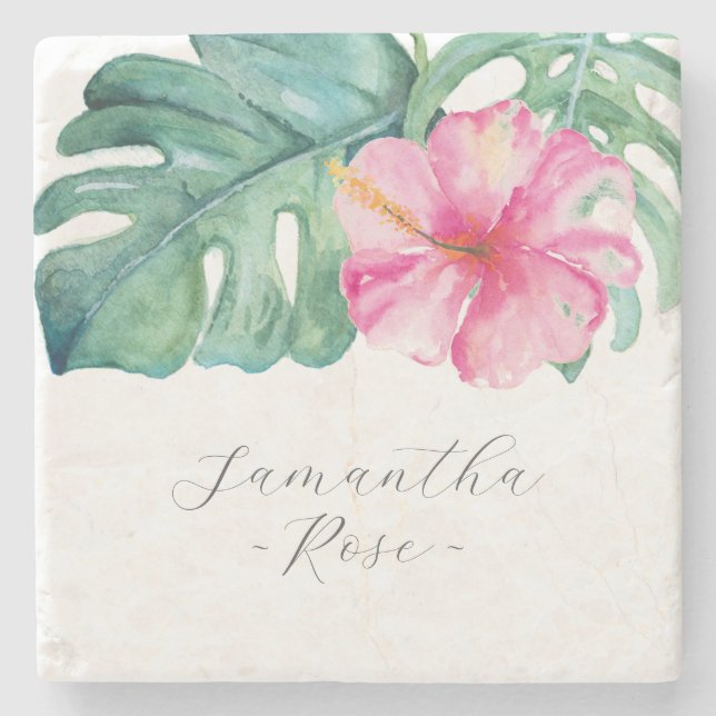 Women's Gifts Personalized Pink Tropical Flowers Stone Coaster (Front)