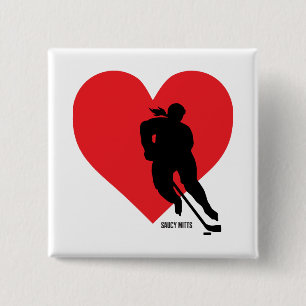 Womens Girls Love Heart Hockey Player 2 Inch Square Button
