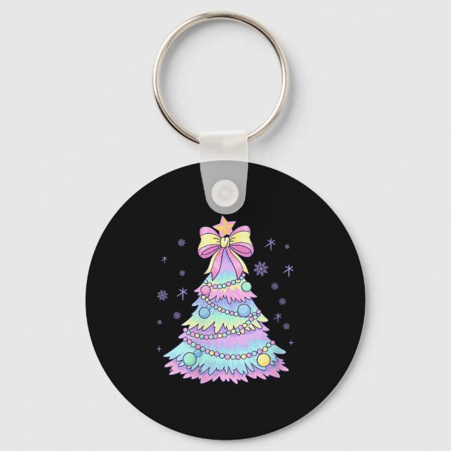 Womens Girly Christmas Tree Coquette Bow Jolly Xma Keychain (Front)