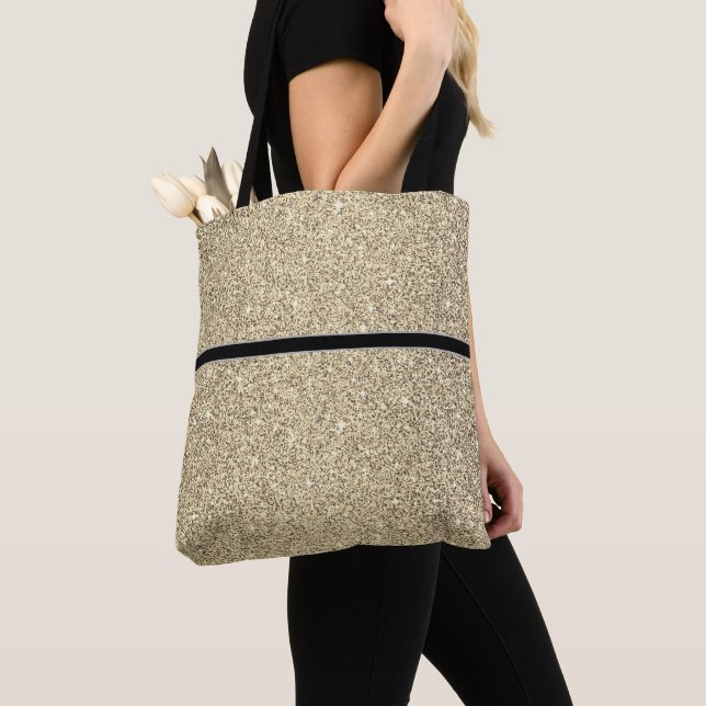 Women's Glitter Tote Bag With Black Stripe (Close Up)