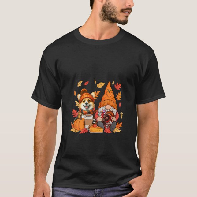 Womens Gnome Turkey Corgi Thanksgiving Fall Leaves T-Shirt (Front)