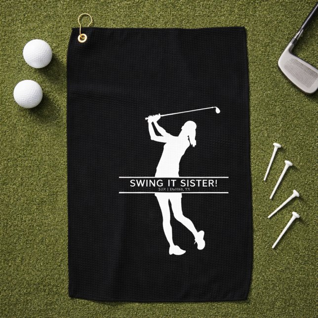 Womens Golf Silhouette Personalized Monogram City Towel (Add initials, city and state to personalize,  change the caption too, if you wish.)