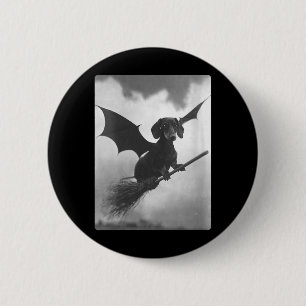 Womens Gothic Dachshund Witch Broom Bat Wings 2 Inch Round Button