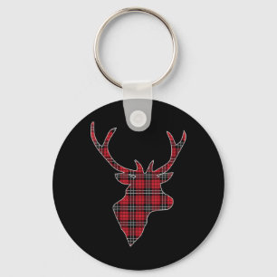 Womens Green Red Buffalo Plaid Deer Reindeer Head Keychain