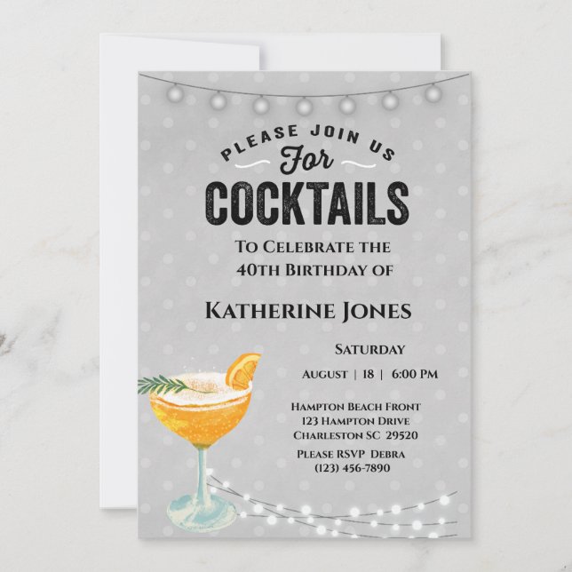 Women's Grey 40th Birthday Cocktail Party  Invitation (Front)
