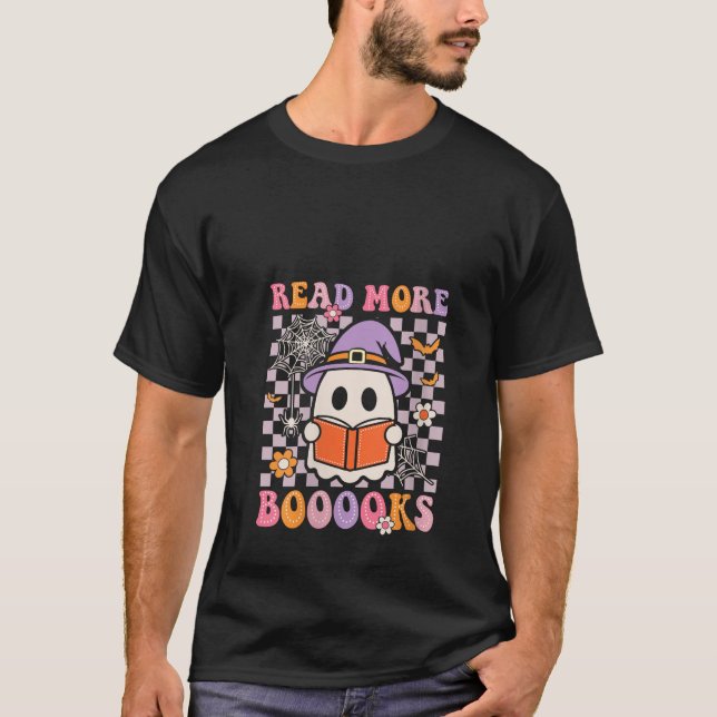Womens Groovy Booooks Ghost Read More Books Funny  T-Shirt (Front)