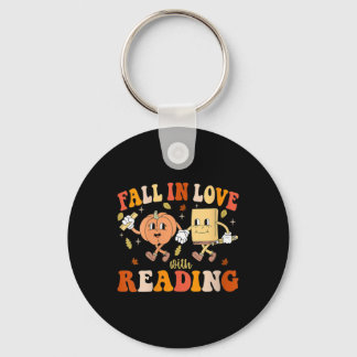 Womens Groovy Fall In Love With Reading Thanksgivi Keychain