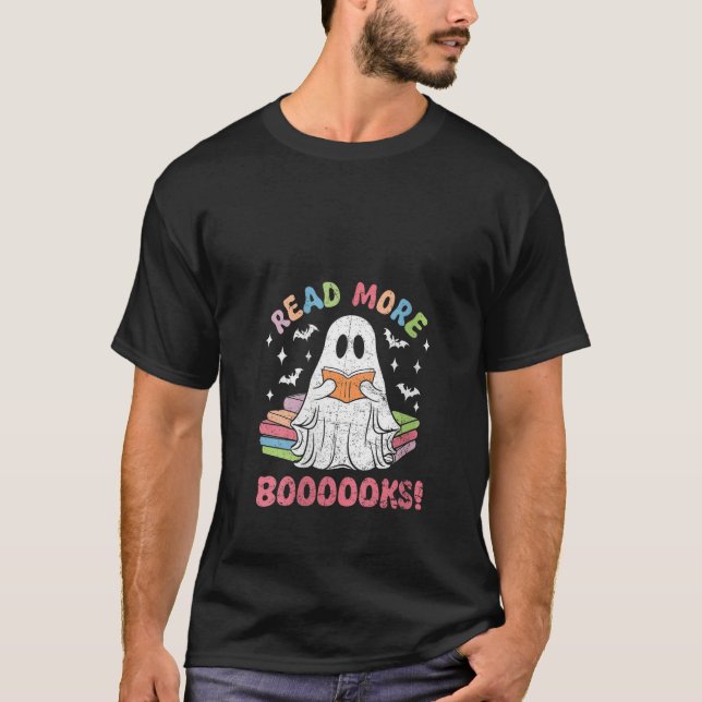 Womens Groovy Ghost Read More Books Funny Teacher  T-Shirt (Front)