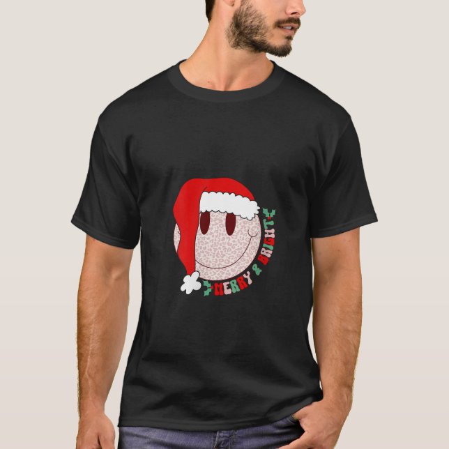 Womens Groovy Merry Bright Leopard Christmas Happy T-Shirt (Front)
