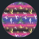 Women's Gymnastics Christmas Tree Classic Round Sticker<br><div class="desc">Girls gymnastics Christmas art has an elegant Xmas tree,  Santa Claus sleigh,  snowflakes,  ornament,  candy cane,  and female gymnast silhouettes to celebrate the holiday season. > Use for uneven bars,  beam,  vault or floor event competitor,  girl's gymnastics coach or trainer.  > Personalize it! Add custom name,  photo,  or text.</div>