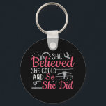 Women's Gymnastics - She Believed She Could Keychain<br><div class="desc">She Believed She could and So She Did - strong, feminist, motivational women's gymnastics quote for floor, beam, uneven bars, vault individual events, or all-around gymnast. > Silhouettes to inspire a female gymnast to practice for competition meets or summer camp training. > Personalize it! Add custom name, photo, or text....</div>