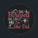 Women's Gymnastics - She Believed She Could Round Clock<br><div class="desc">She Believed She could and So She Did - strong, feminist, motivational women's gymnastics quote for floor, beam, uneven bars, vault individual events, or all-around gymnast. > Silhouettes to inspire a female gymnast to practice for competition meets or summer camp training. > Personalize it! Add custom name, photo, or text....</div>