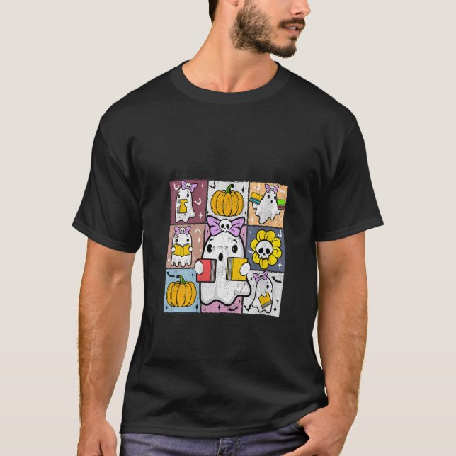 Womens Halloween Coquette Ghost Reading Book Lover T-Shirt (Front)