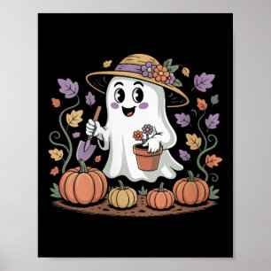 Womens Halloween Ghost In Garden Hat Planting Pump Poster