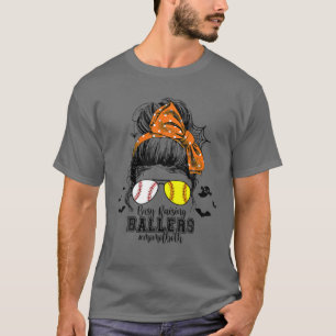 Womens Halloween Messy Bun Mom Of Both Baseball So T-Shirt