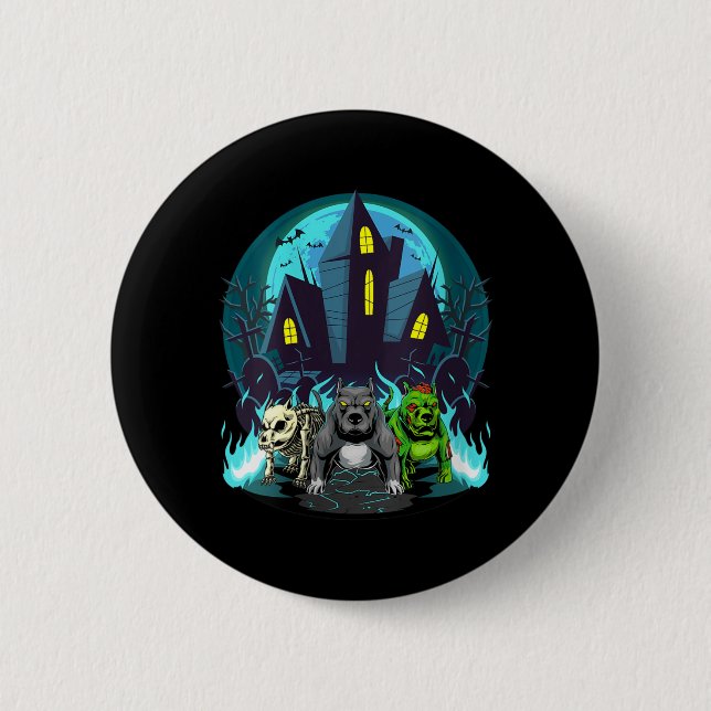 Womens Halloween Pitbulls Zombie Skeleton Black 2 Inch Round Button (Front)