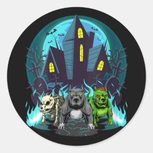 Womens Halloween Pitbulls Zombie Skeleton Black Classic Round Sticker