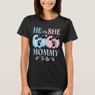 Womens Halloween Pumpkin Gender Reveal He Or She M T-Shirt