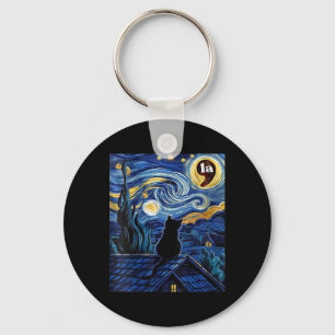 Womens Halloween Starry Night Black Cat Comma La K Keychain
