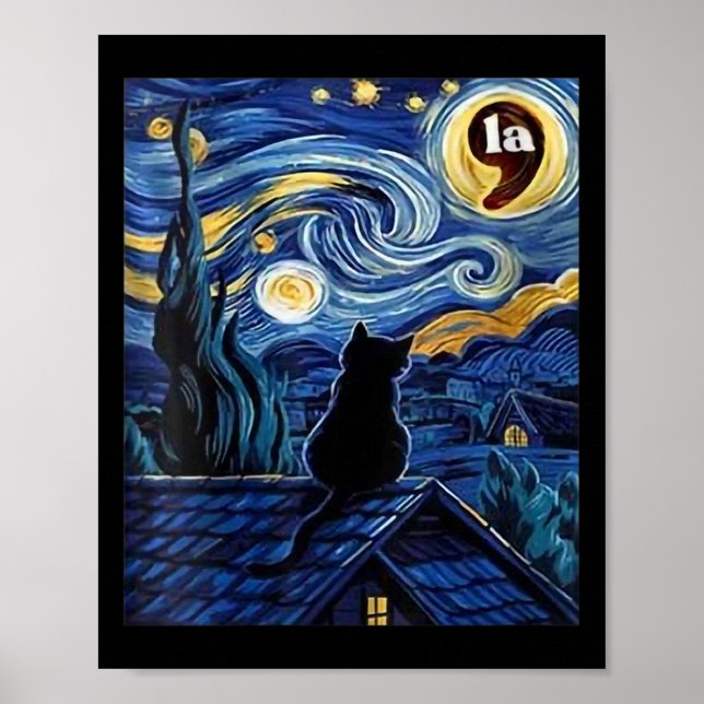 Womens Halloween Starry Night Black Cat Comma La K Poster (Front)