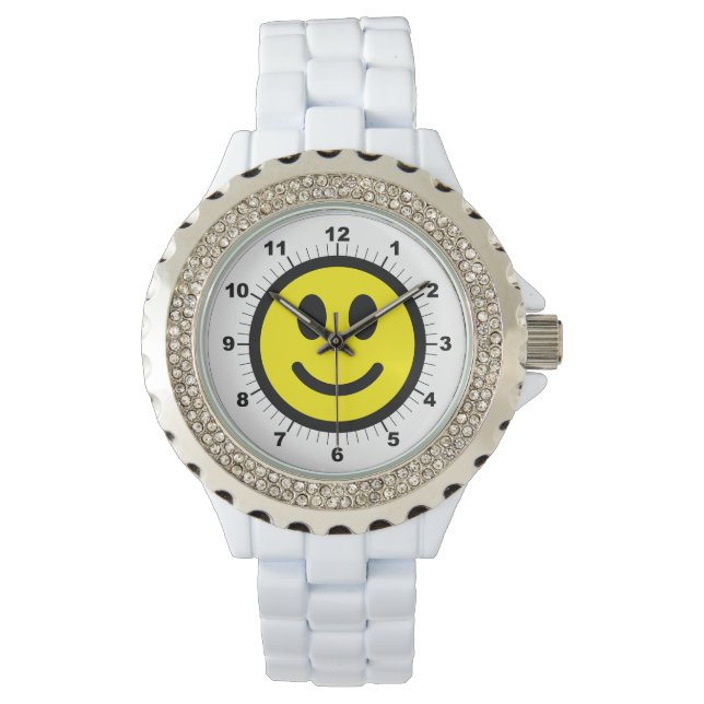 Women's Happy Face Rhinestone White Enamel Watch (Front)