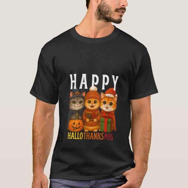 Womens Happy Hallothanksmas Cats Halloween Thanksg T-Shirt (Front)