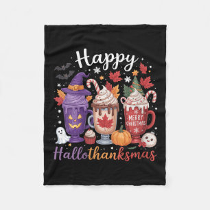 Womens Happy Hallothanksmas Coffee Lover Halloween Fleece Blanket