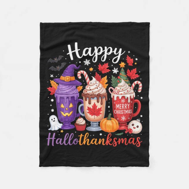 Womens Happy Hallothanksmas Coffee Lover Halloween Fleece Blanket (Front)