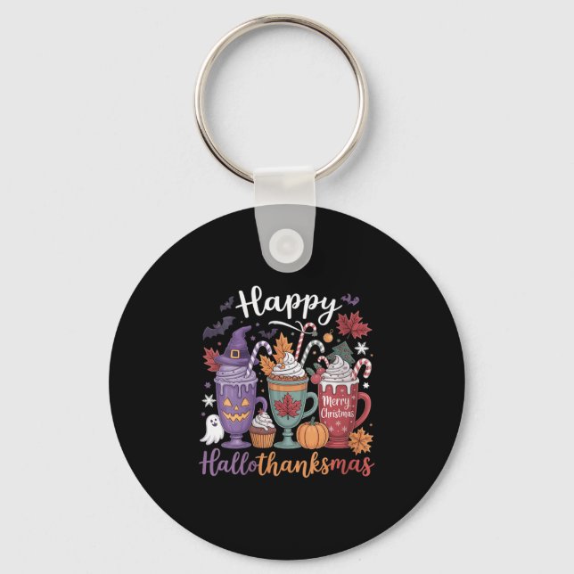 Womens Happy Hallothanksmas Coffee Lover Halloween Keychain (Front)