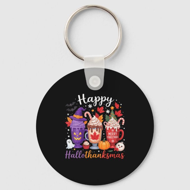 Womens Happy Hallothanksmas Coffee Lover Halloween Keychain (Front)