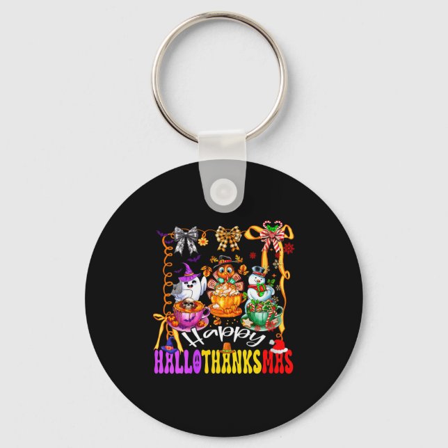 Womens Happy Hallothanksmas Coquette Bow Coffee La Keychain (Front)