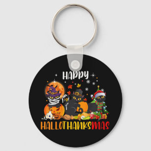 Womens Happy Hallothanksmas Shirt Black Cat Hallow Keychain