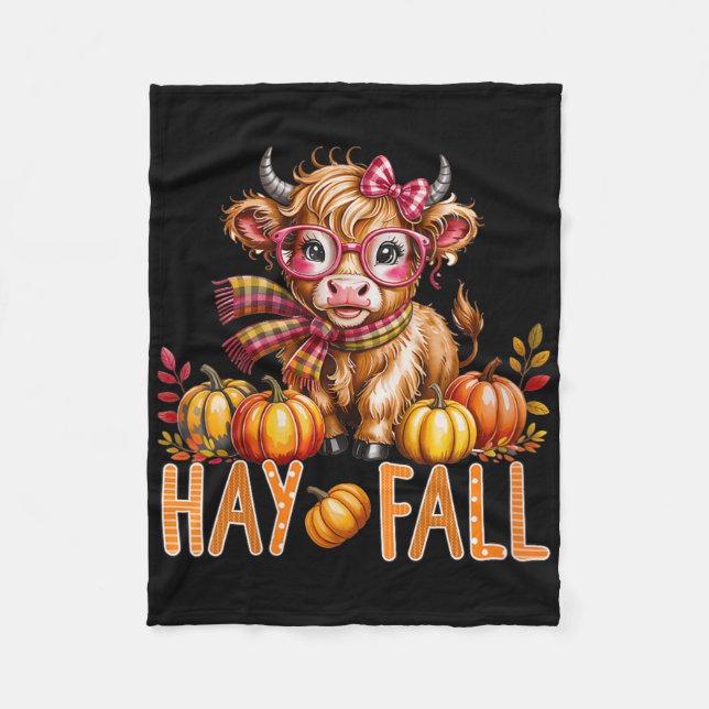 Womens Hay Fall Cow , Hello Fall Pumpkin Cow 2025  Fleece Blanket (Front)