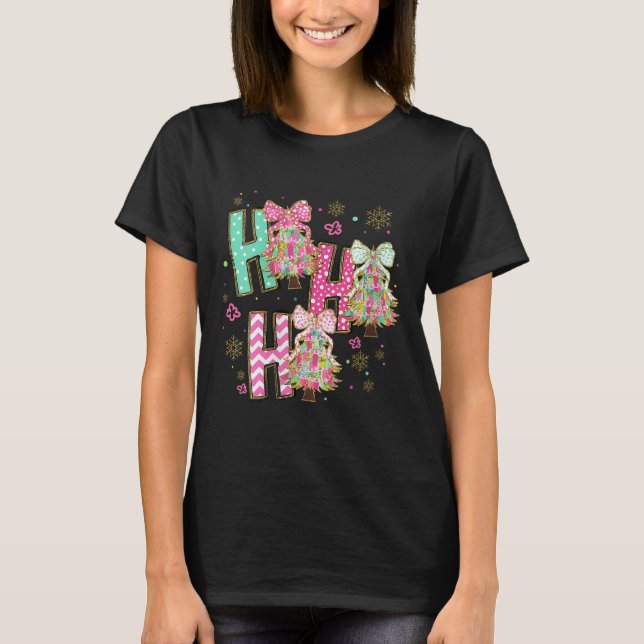 Womens Ho Ho Ho Merry Christmas Coquette Bow Xmas  T-Shirt (Front)