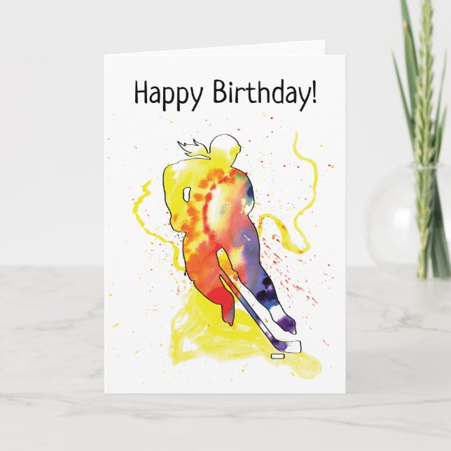 Women's Hockey Player Watercolor Birthday Card (Front)
