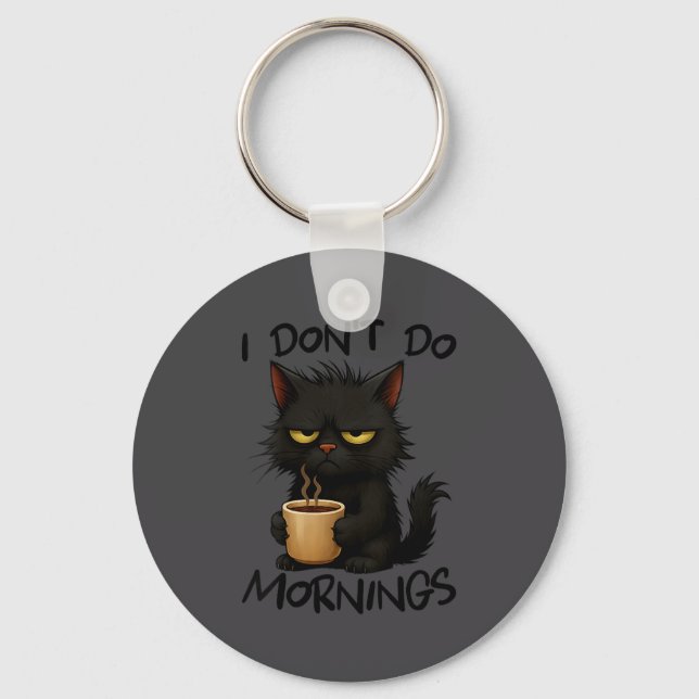 Womens I Don't Do Mornings Funny Quote Black Cat L Keychain (Front)