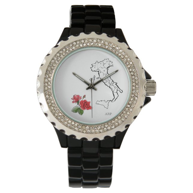 *~* Women's Italia Map Italy Roses Rhinestones Watch (Front)