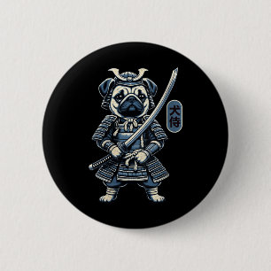 Womens Japanese Samurai Dog Tattoo, Pug Dog Kawaii 2 Inch Round Button
