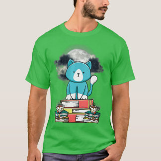 Womens Kitten Cat Drinking Tea Reading Books Stars T-Shirt