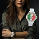 Women's Ladies White Rhinestone Italian Flag Italy Watch<br><div class="desc">A stylish women's watch in crisp white enamel, adorned with rhinestones. The watch face features the vibrant colours of the Italian flag - green, white, and red. To make it uniquely yours, your name is boldly written in pretty black lettering. It's a chic and personalized accessory that effortlessly combines fashion...</div>