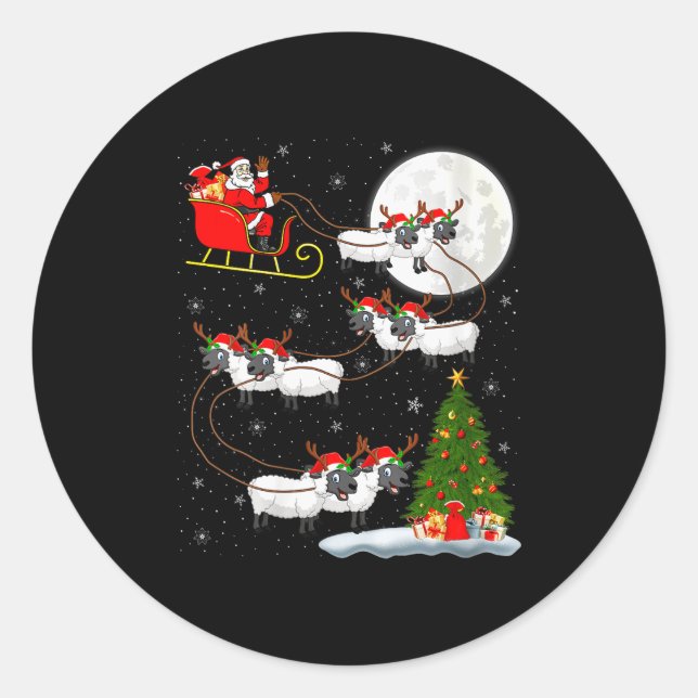 Womens Lambs Sheep Santa Sleigh Flying Funny Magic Classic Round Sticker (Front)