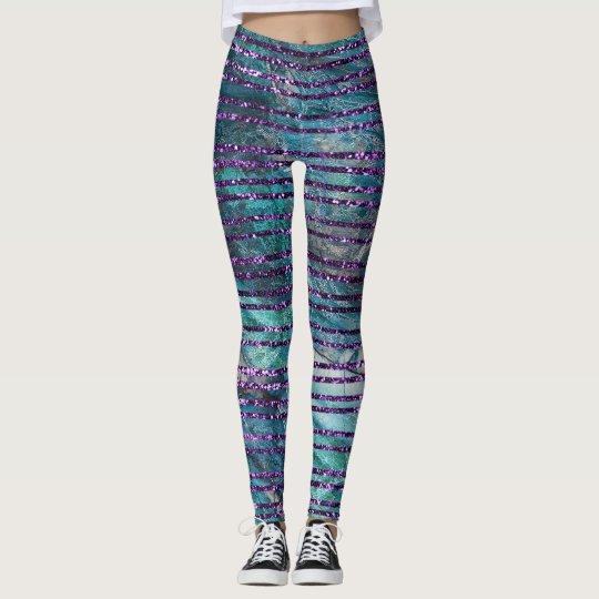 Womens Leggings Green Marble And Purple Glitter