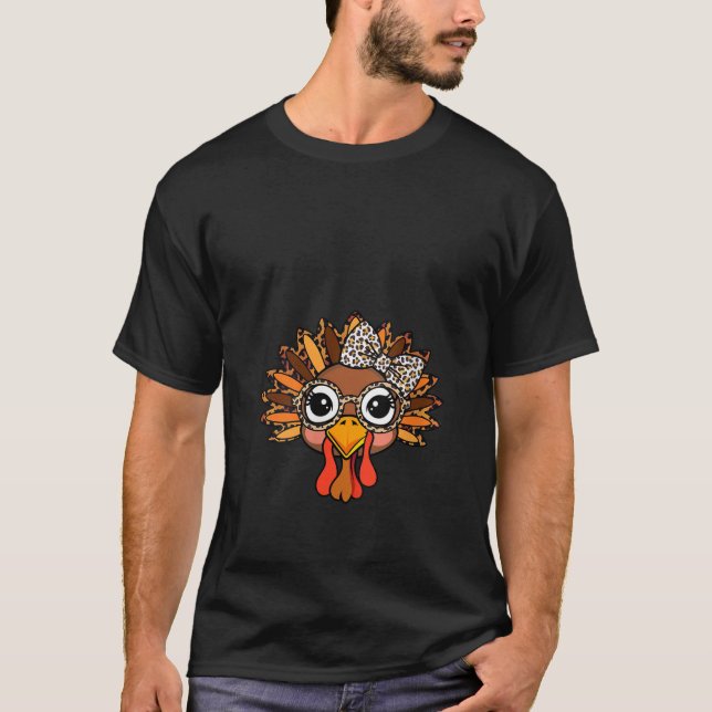 Womens Leopard Print Thanksgiving Turkey Face Glas T-Shirt (Front)